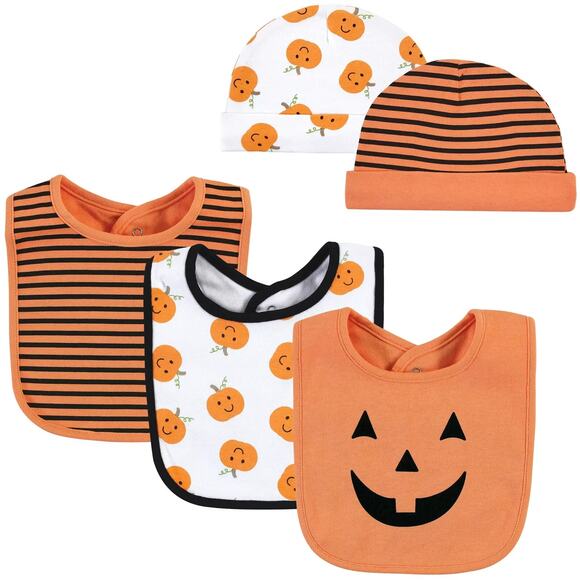 Hudson Baby Unisex Baby Cotton Bib & Headband or Caps Set Pumpkin One Size 0-6M - Picture 6 of 12